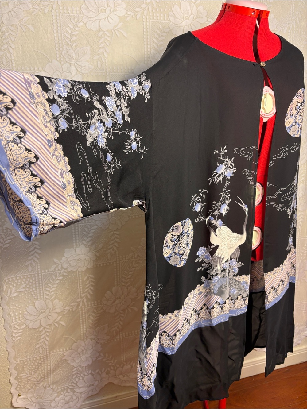 Citron 100% Silk Black Crane Floral Kimono Jacket Duster *has a few Small Snags - Picture 3 of 16